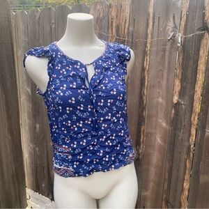 Beltaine Blue Tassel Peasant Boho Blouse Floral Sleeveless Top size small
